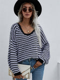 Women’s Striped V-Neck Sweater – Knitted Long Sleeve Casual Pullover