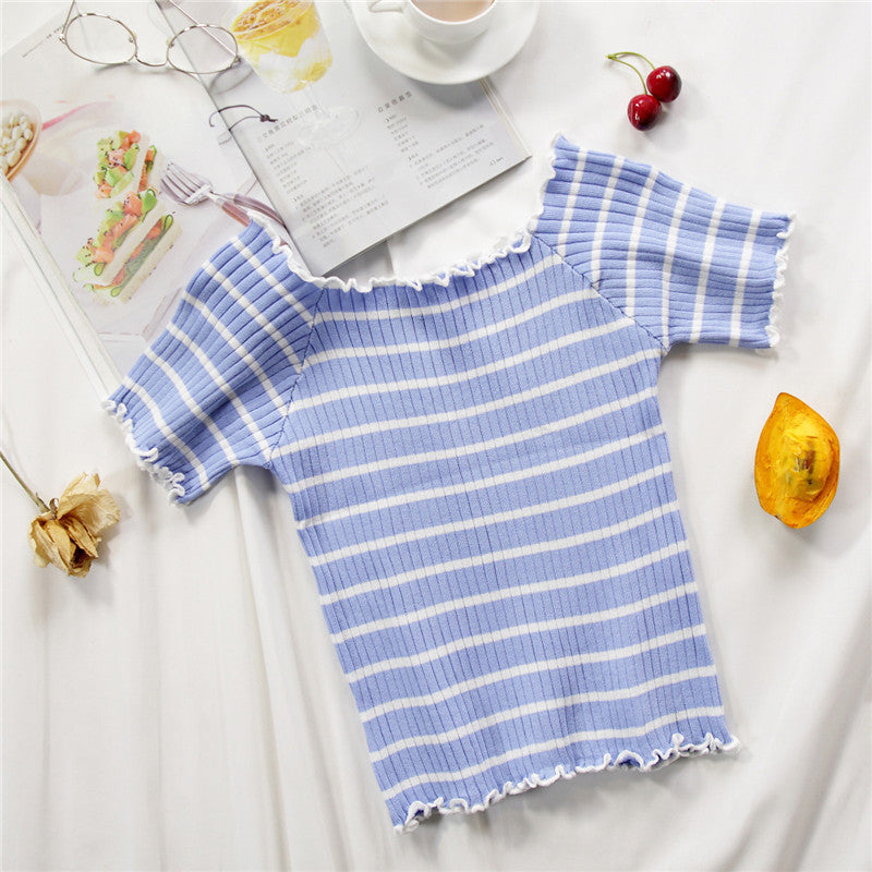 Women’s Off Shoulder Striped Knit Top – Slim Fit Flounce Hem T-Shirt