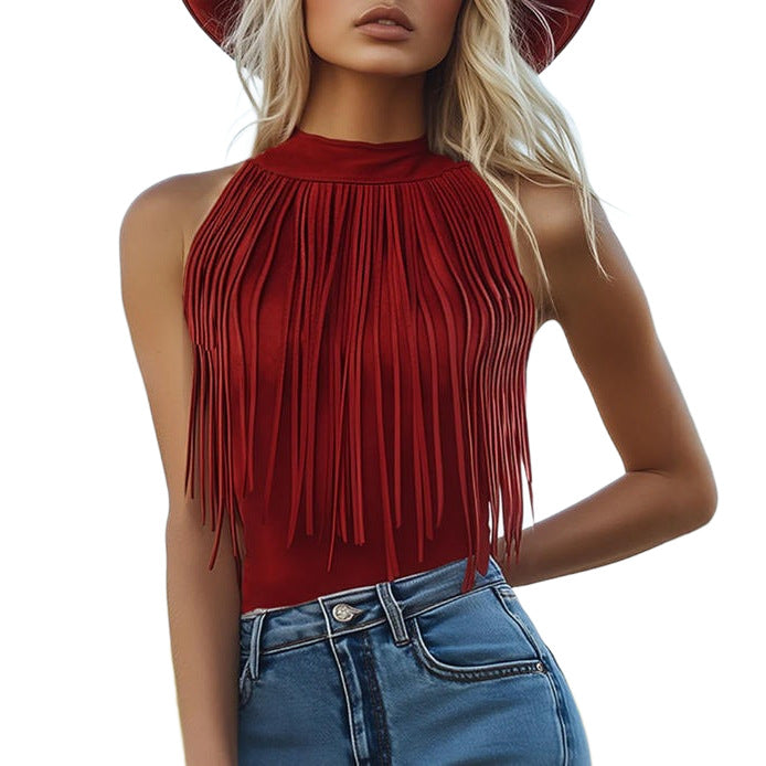 Women’s Red Tassel Halter Tank Top – Sleeveless Crop