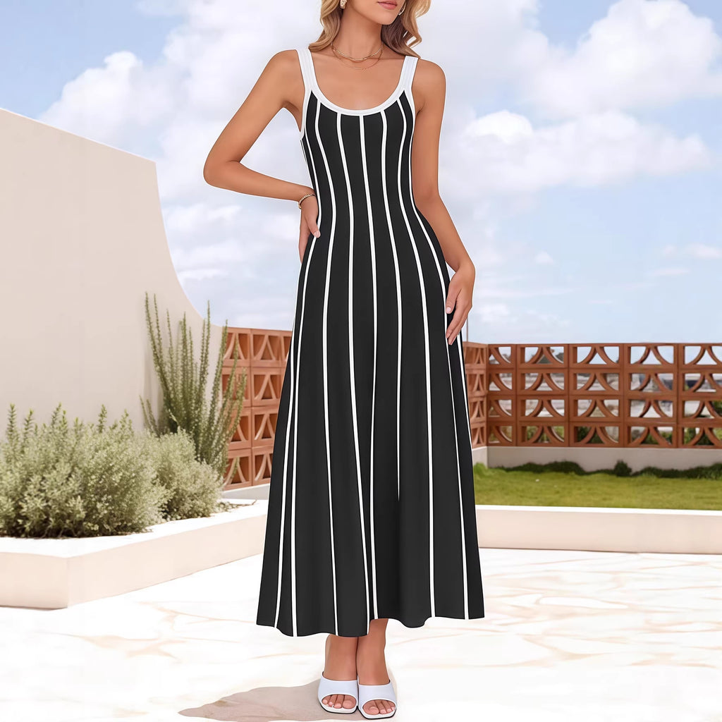 Women’s Striped Maxi Slip Dress – Sleeveless High Waist Casual Elegant Dress