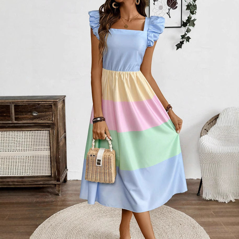 Women’s Patchwork Midi Dress – Geometric Print Resort Style