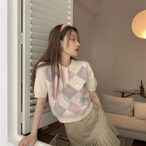 Women’s Retro Diamond Polo Collar T-Shirt – Short Sleeve