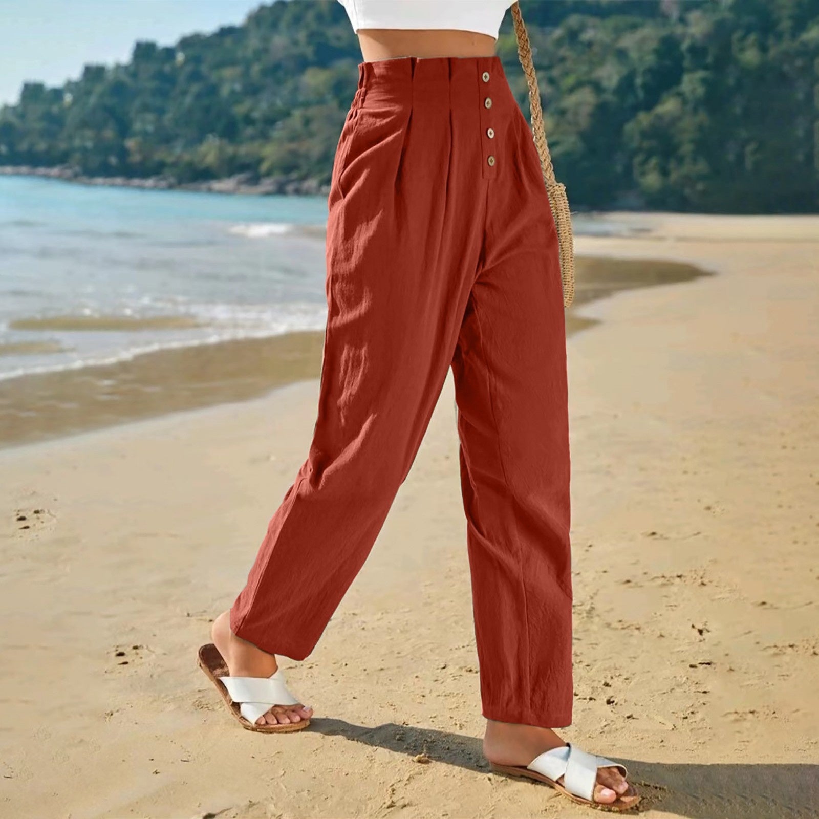 Women’s High Waist Cotton Linen Trousers – Casual Straight Leg Pants