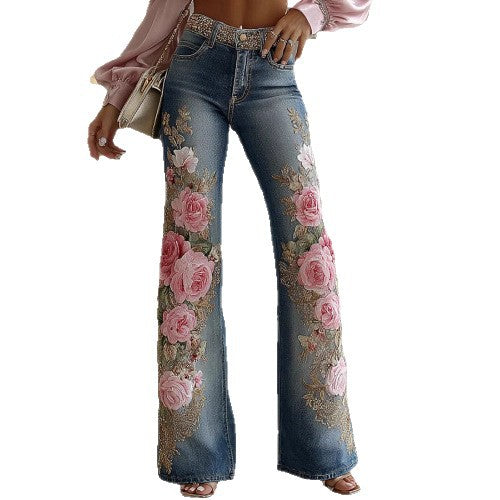 Women’s Retro Printed Faux Denim Jeans – Flared Style