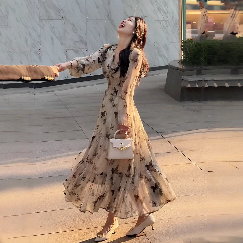 Butterfly Floral Chiffon Dress – Gothic Patchwork Mid-Length Streetwear