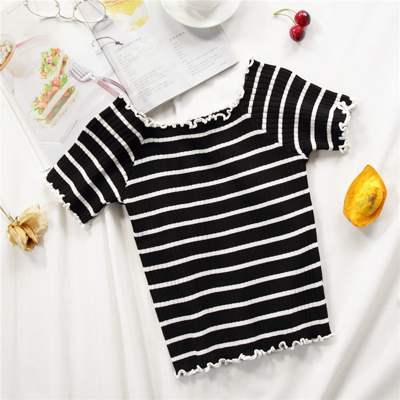 Women’s Off Shoulder Striped Knit Top – Slim Fit Flounce Hem T-Shirt