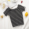 Women’s Off Shoulder Striped Knit Top – Slim Fit Flounce Hem T-Shirt