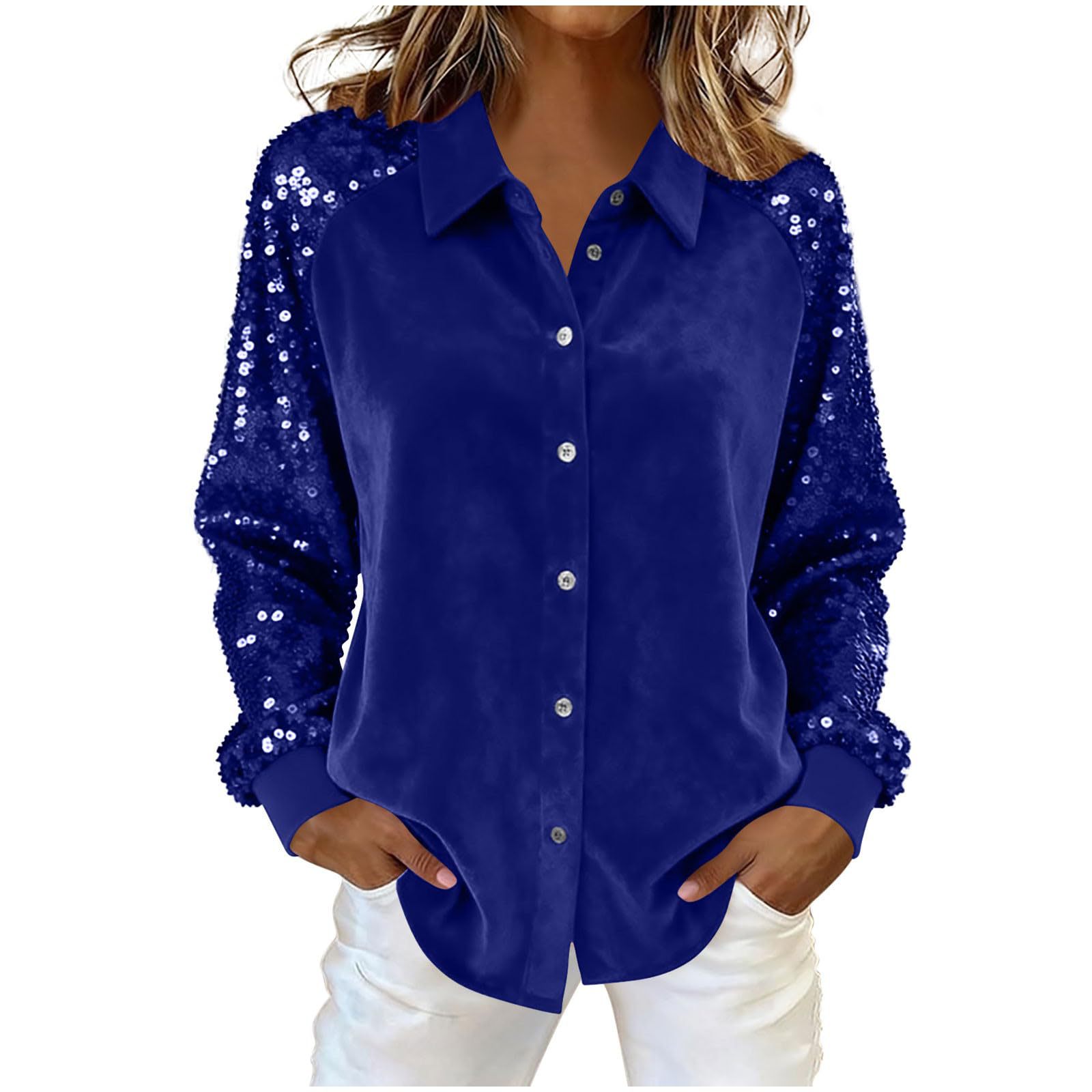Women’s Sequin Long Sleeve Blouse – Stylish Button Up Party Shirt