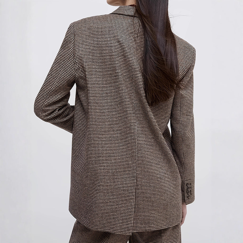 Women’s Plaid Blazer – Elegant Coffee Brown Loose Fit Commuter Jacket with Buttons