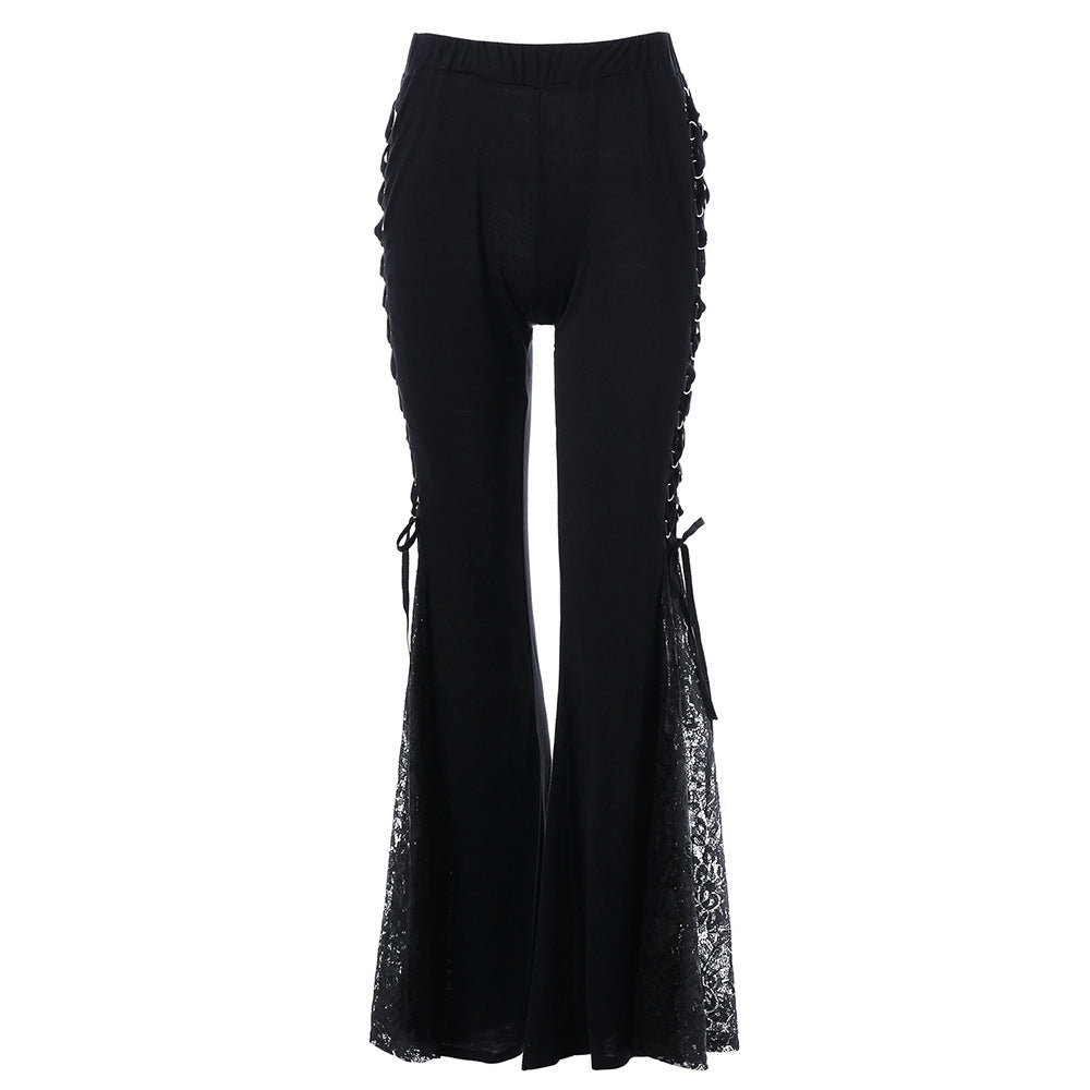 Women’s Black Flared Pants with Lace Detail – Elegant High-Waist Trousers for Chic Outfits