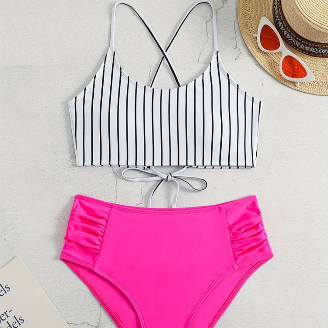 Women’s Striped Bikini Set – Split Two-Piece Sleeveless Swimwear
