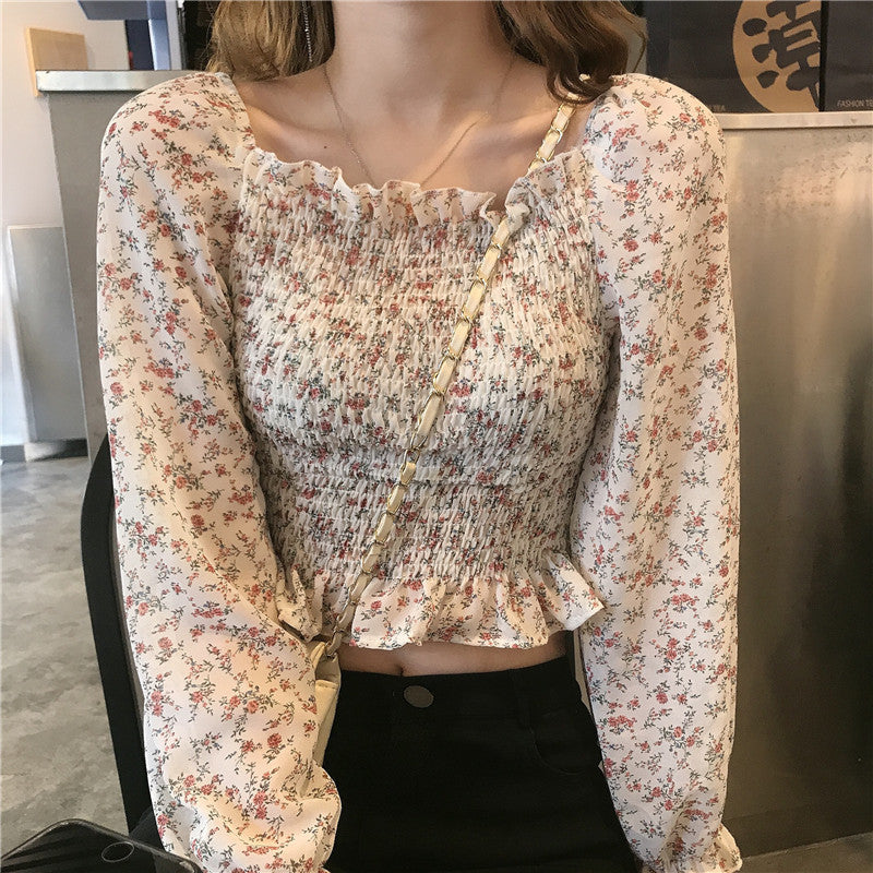 Floral Chiffon Square Neck Blouse – Pleated Puff Sleeve Women’s Top