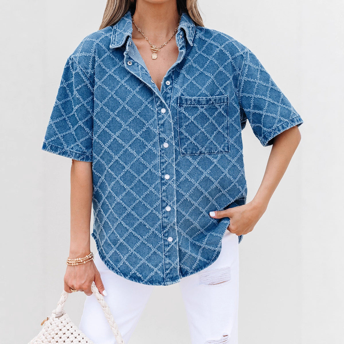 New Plaid Printed Denim Shirt For Women