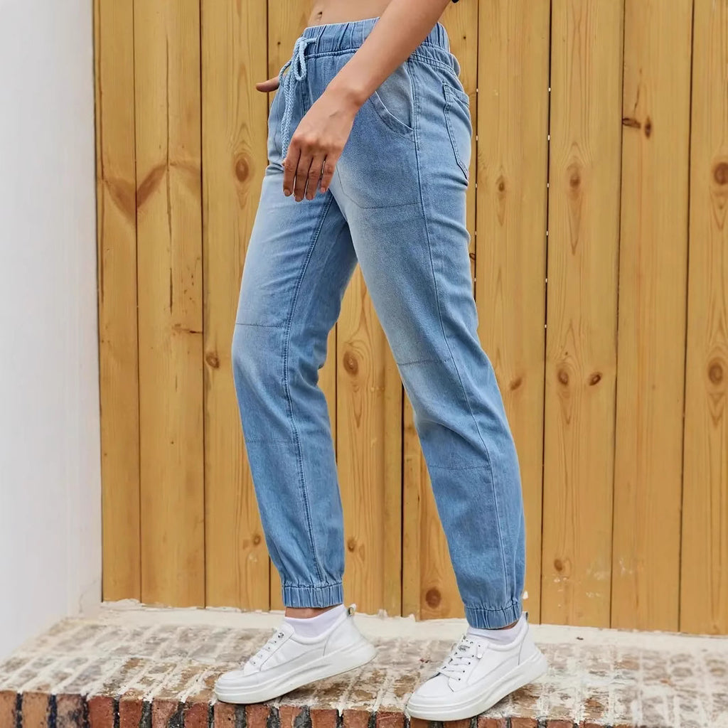 Women’s Elastic Waist Skinny Jeans – Light Blue High Stretch Casual Denim Pants