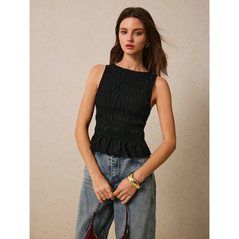 Women’s Pleated Crew Neck Tank Top – Smart Casual Style