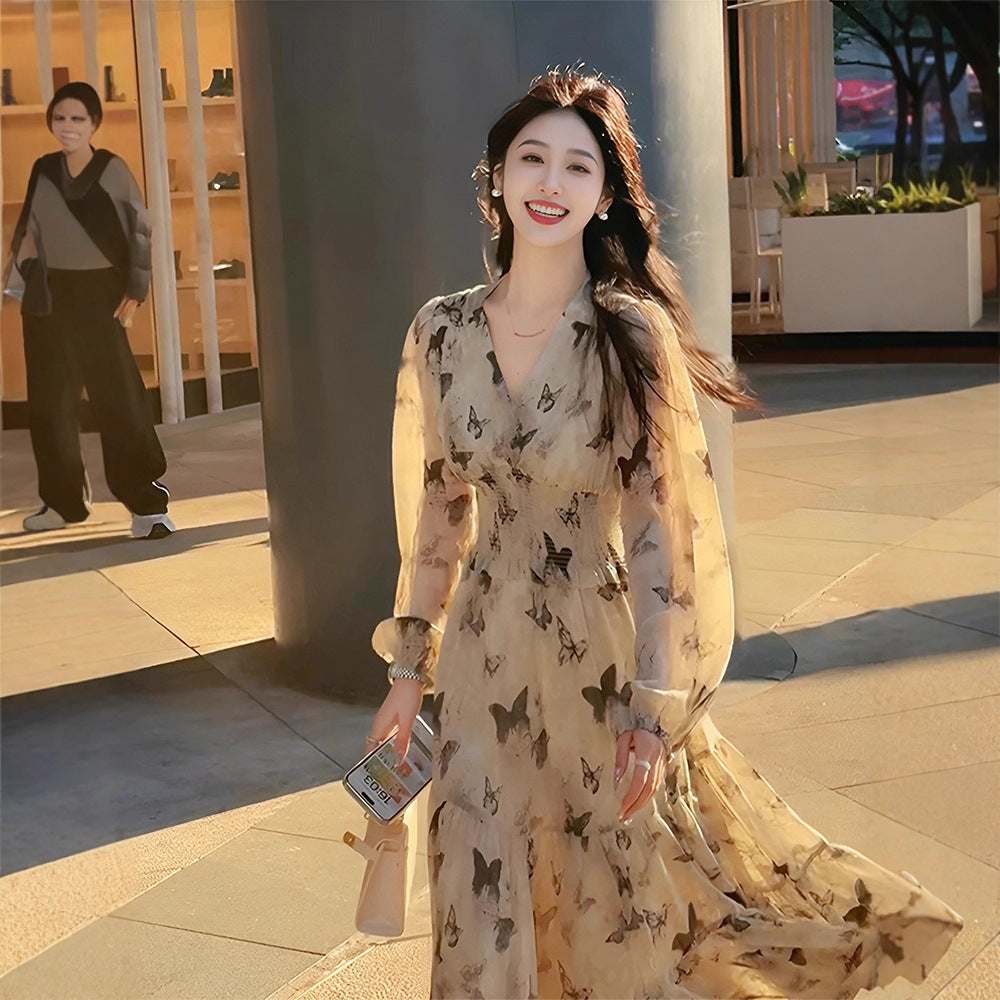 Butterfly Floral Chiffon Dress – Gothic Patchwork Mid-Length Streetwear