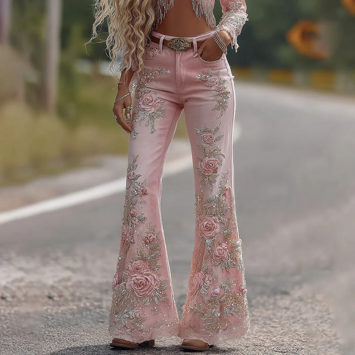 Women’s Retro Printed Faux Denim Jeans – Flared Style