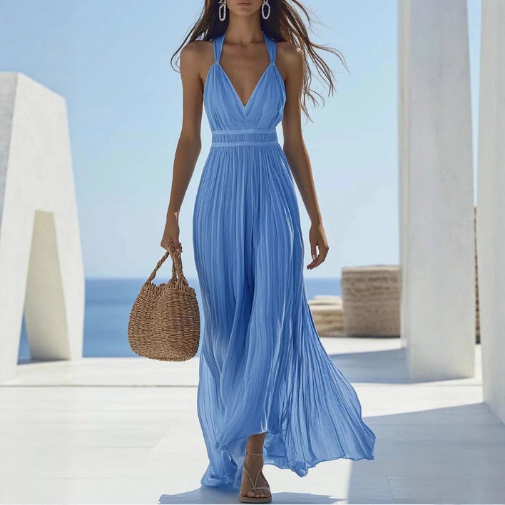 Light Blue Chiffon Maxi Dress for Women – Sleeveless Flowing Elegant Long Dress