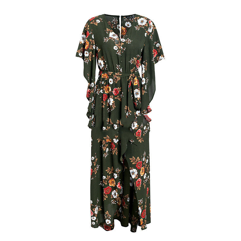 Women’s Printed Maxi Dress with Side Slit – Ruffle Detail Flowing Dress