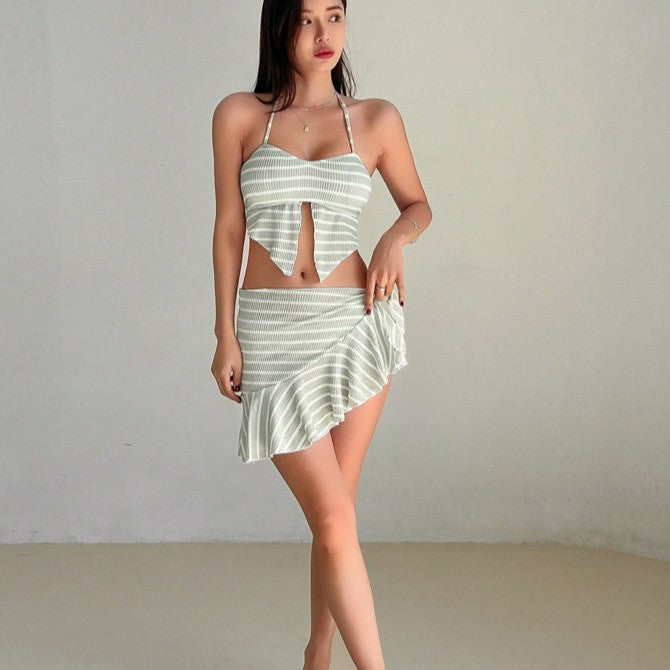 Women’s Striped Two-Piece Swimsuit – Color Block Sleeveless Bikini Set