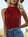 Women’s Red Tassel Halter Tank Top – Sleeveless Crop