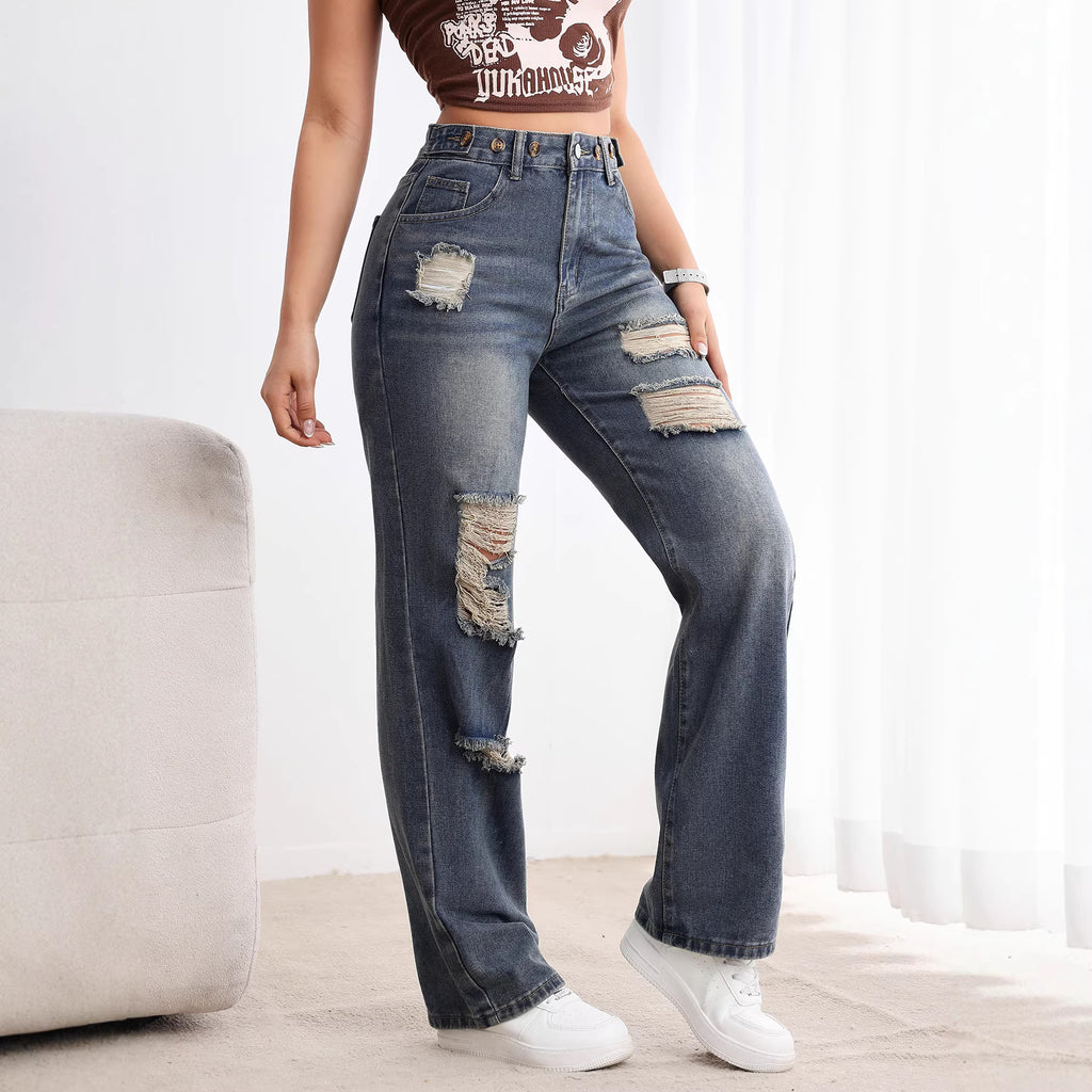 Women’s High-Waist Ripped Straight-Leg Jeans – Distressed Denim Pants for Street Style Looks