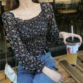 Floral Chiffon Square Neck Blouse – Pleated Puff Sleeve Women’s Top