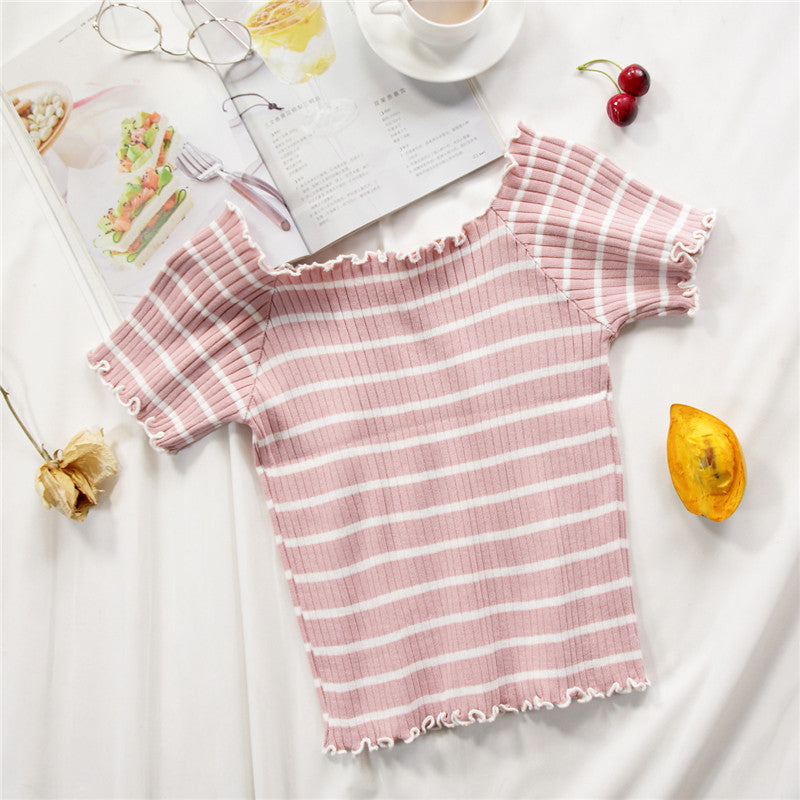 Women’s Off Shoulder Striped Knit Top – Slim Fit Flounce Hem T-Shirt