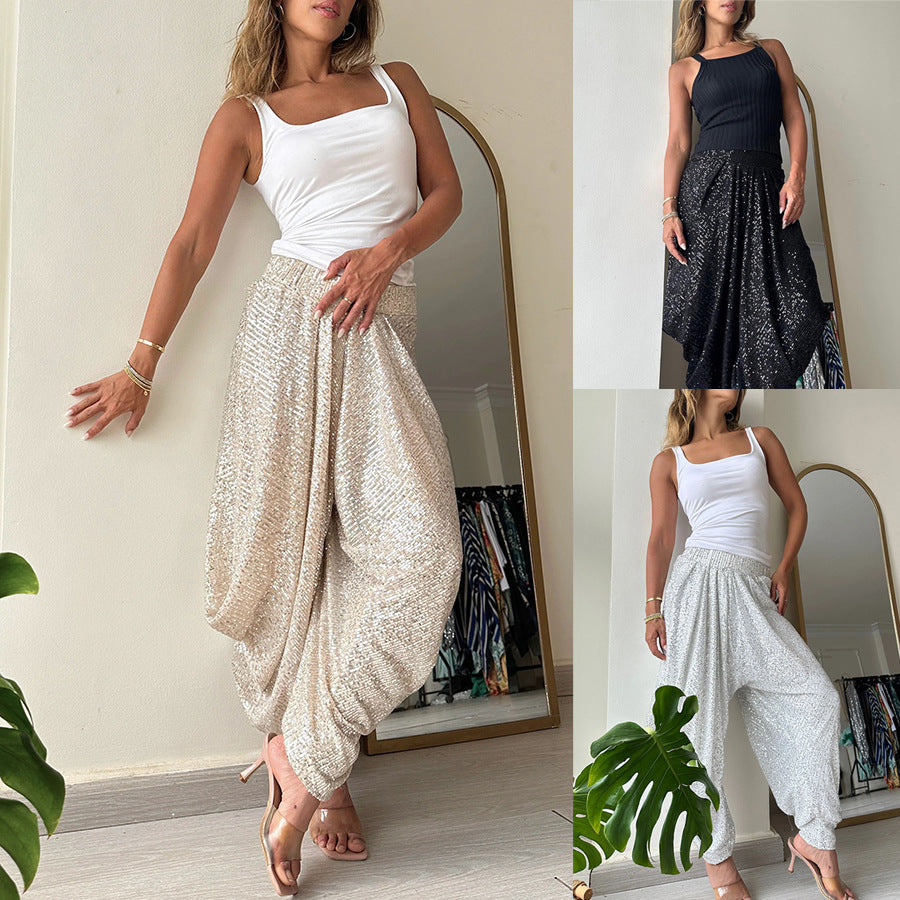 Women’s Sequin Loose Pants – Elastic Waist Fashion Trousers
