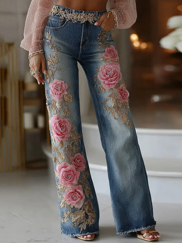Women’s Retro Printed Faux Denim Jeans – Flared Style