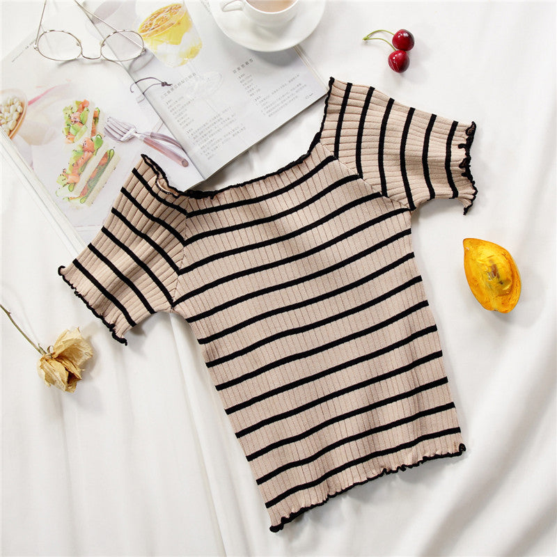 Women’s Off Shoulder Striped Knit Top – Slim Fit Flounce Hem T-Shirt