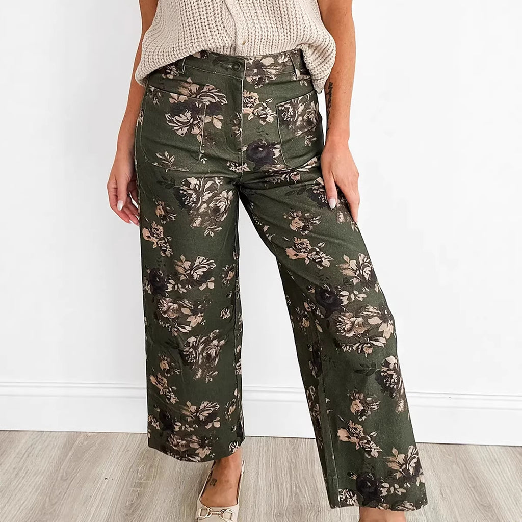 Women’s Retro Floral Print Jeans – High-Waist Style
