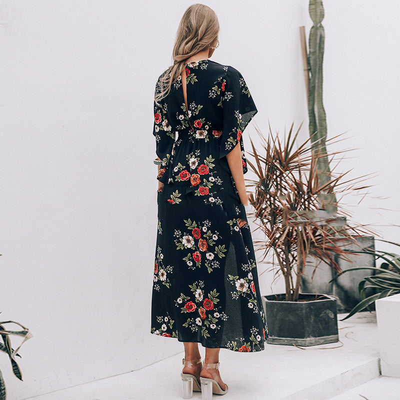Women’s Printed Maxi Dress with Side Slit – Ruffle Detail Flowing Dress