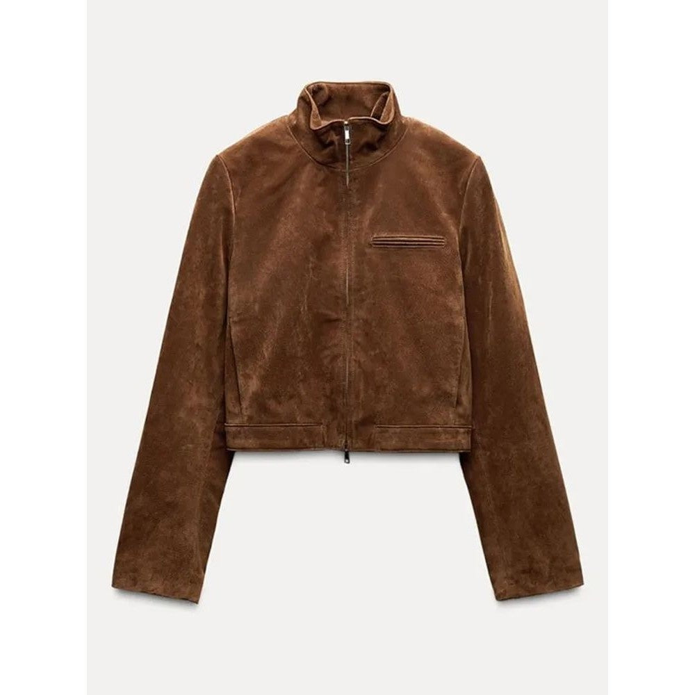 Women’s Cropped Suede Jacket – Brown Zip Up Stand Collar Spring Coat