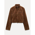 Women’s Cropped Suede Jacket – Brown Zip Up Stand Collar Spring Coat