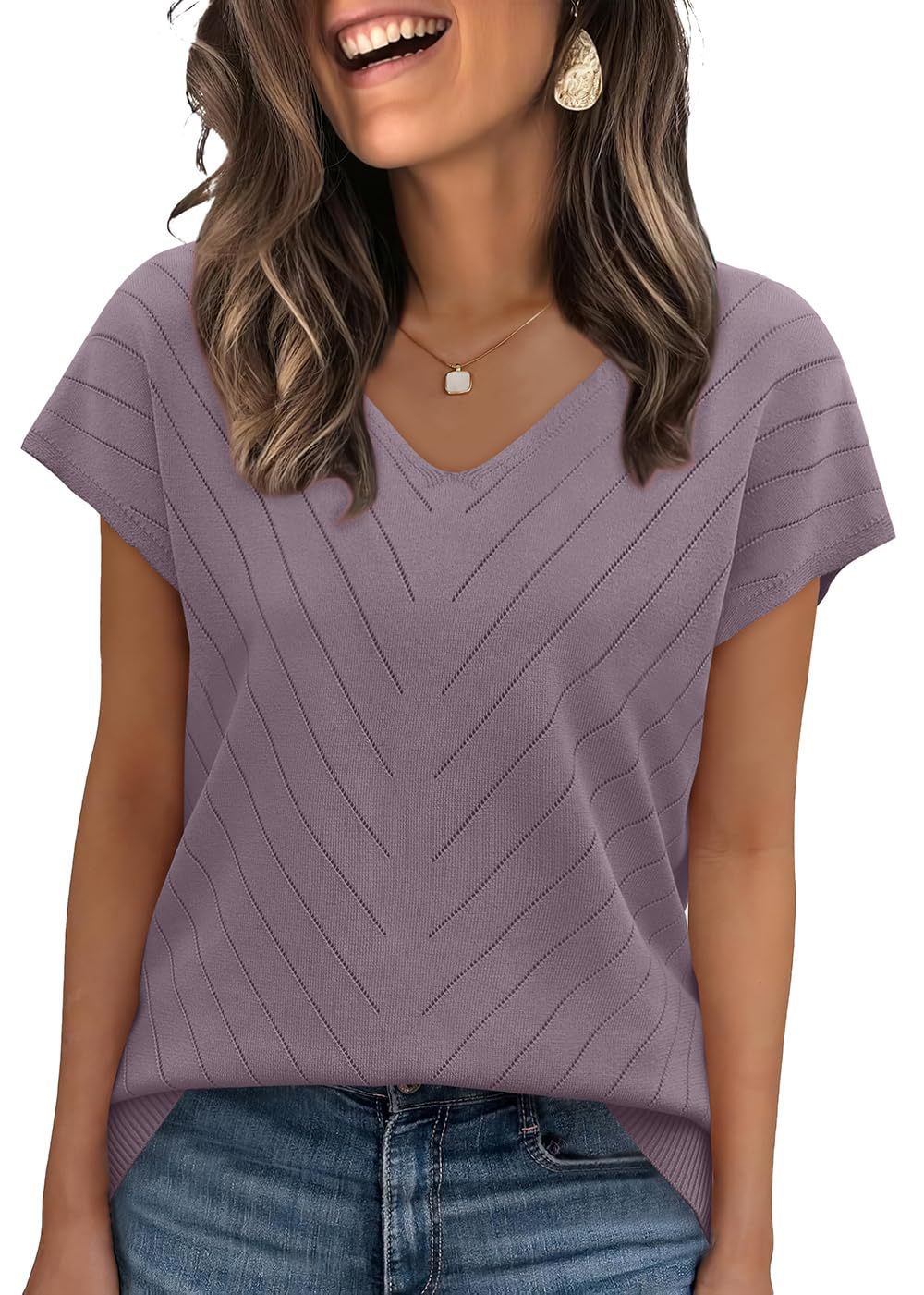 Women’s V-Neck Cutout Knit Sweater – Lightweight Elegant Pullover