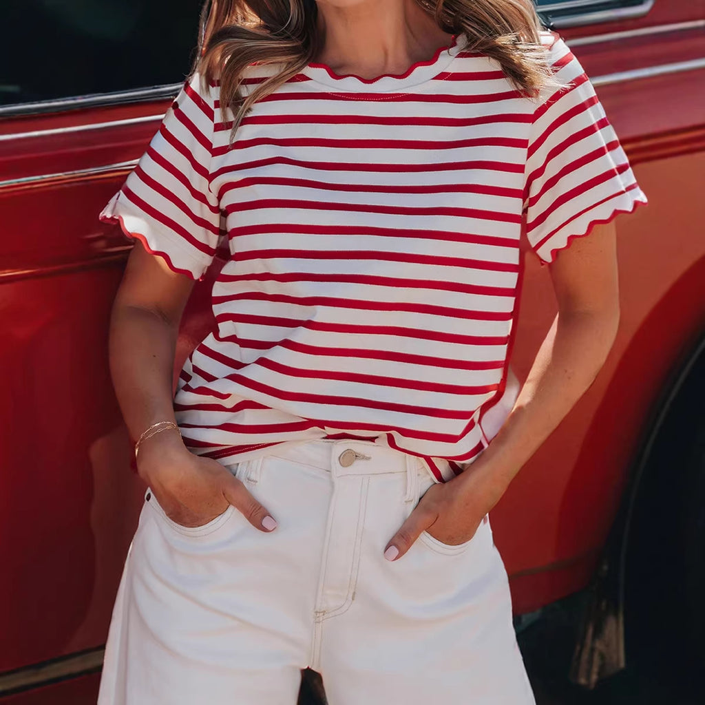 Women’s Trendy Striped Ruffled Hem Cotton T-Shirt
