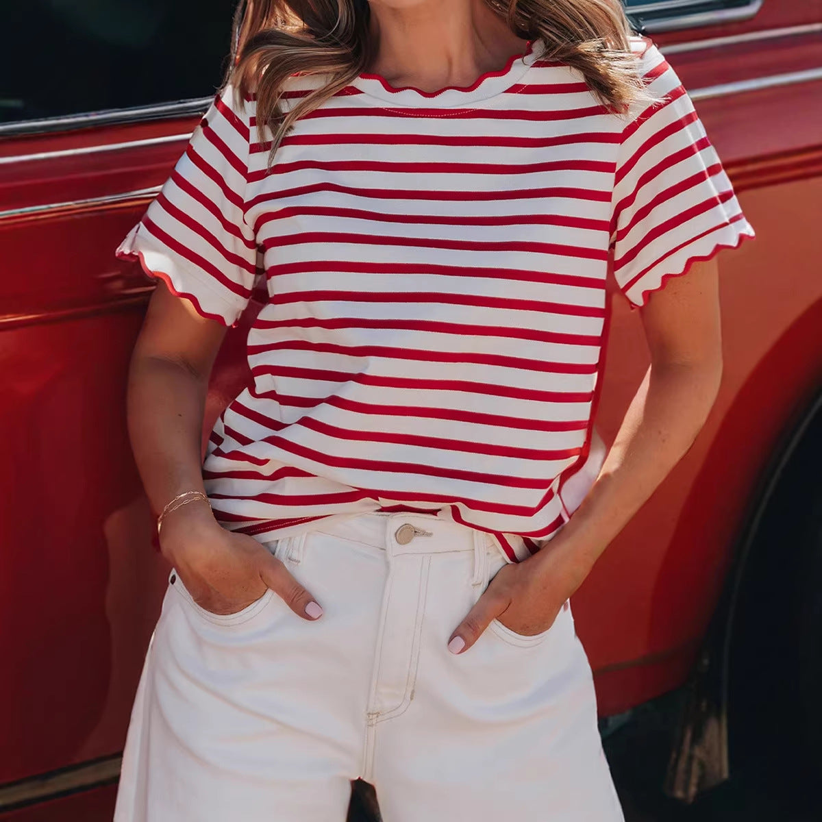 Women’s Trendy Striped Ruffled Hem Cotton T-Shirt
