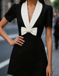 Chic A-Line Mini Dress for Women – Slim Fit Bow Detail Elegant Short Sleeve Dress