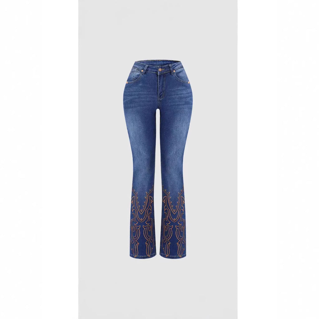 Women’s Embroidered Flared Jeans – Retro Beaded Denim