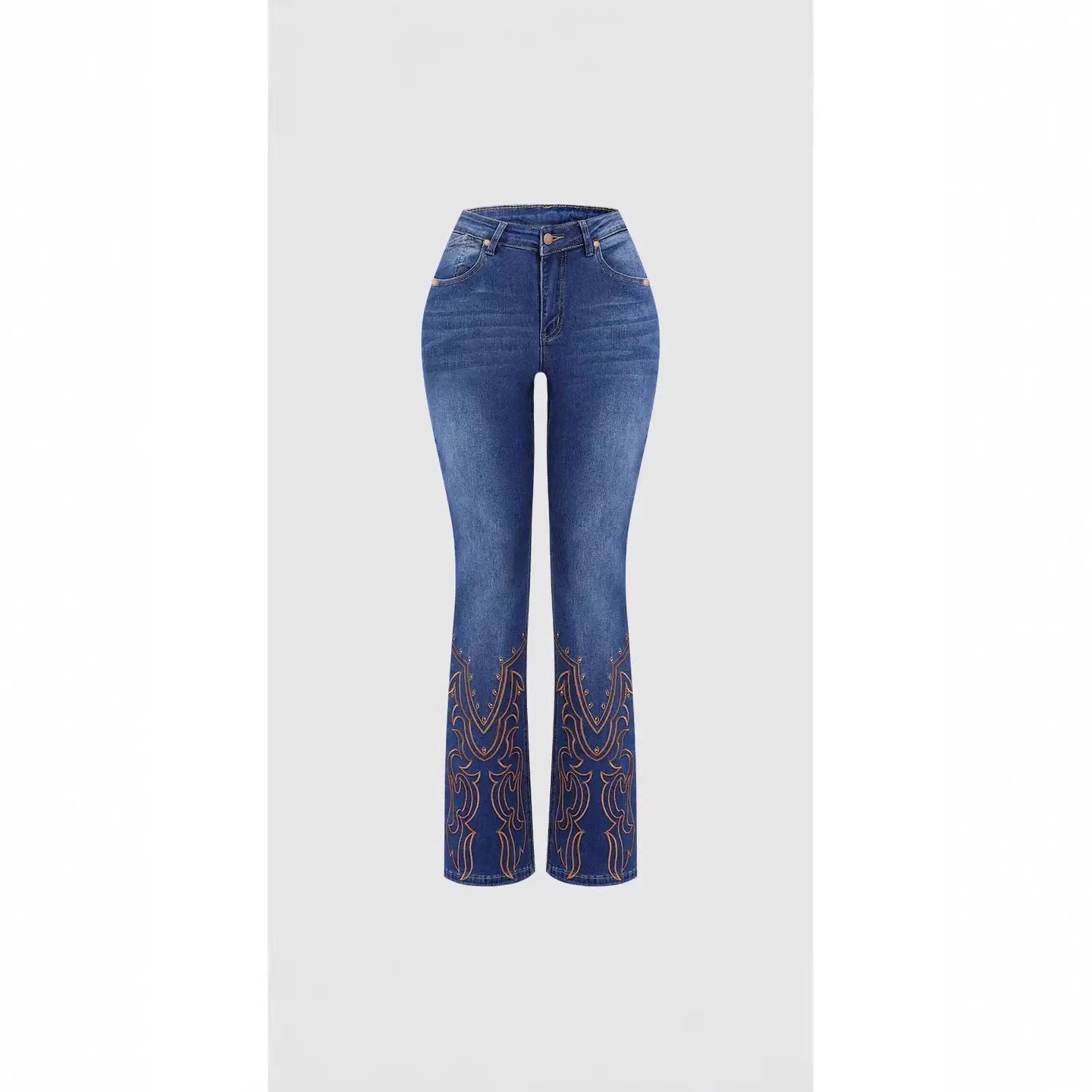 Women’s Embroidered Flared Jeans – Retro Beaded Denim