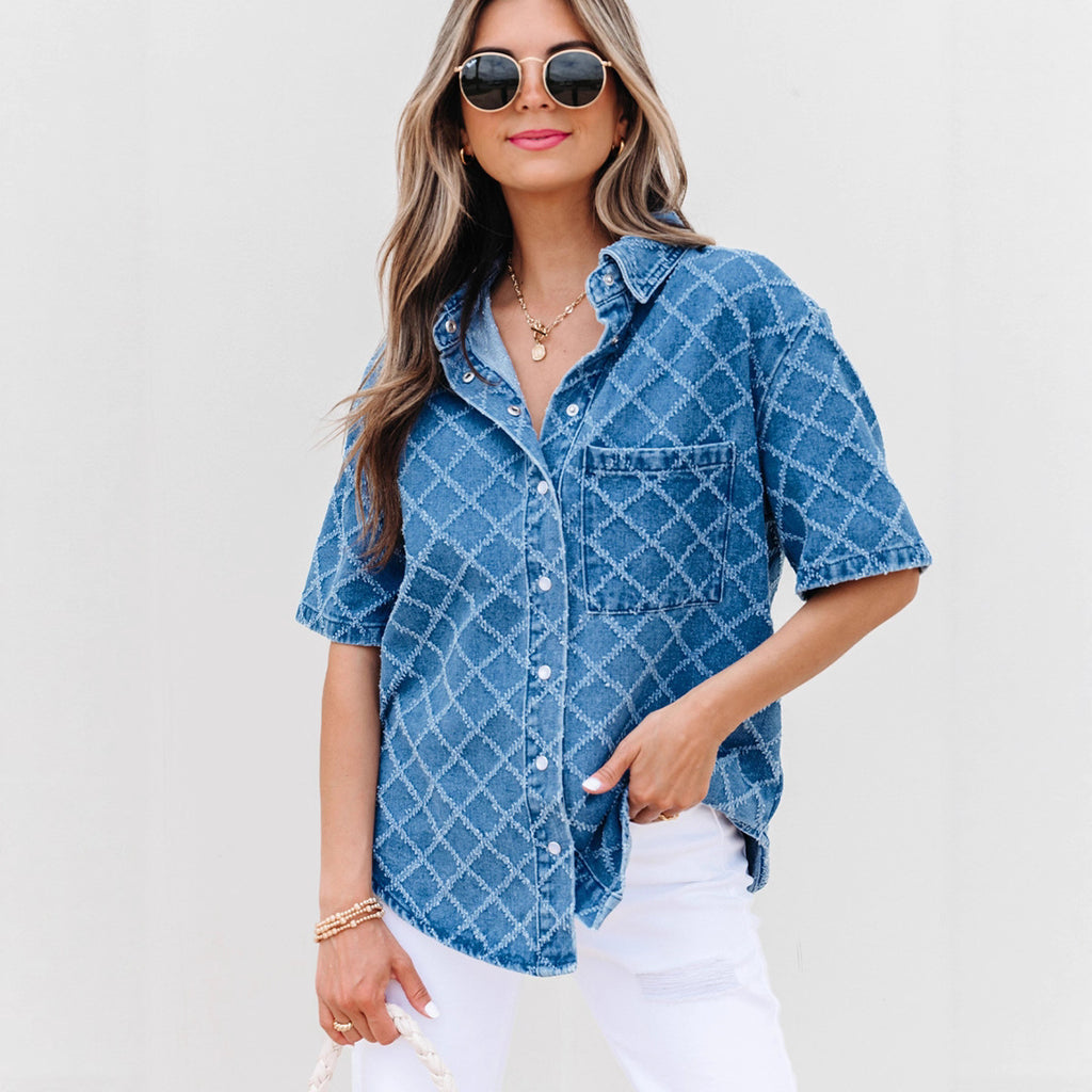 New Plaid Printed Denim Shirt For Women