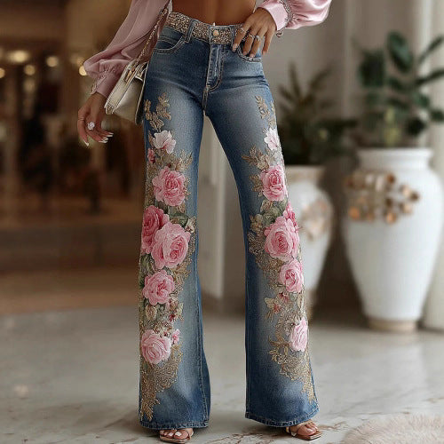 Women’s Retro Printed Faux Denim Jeans – Flared Style