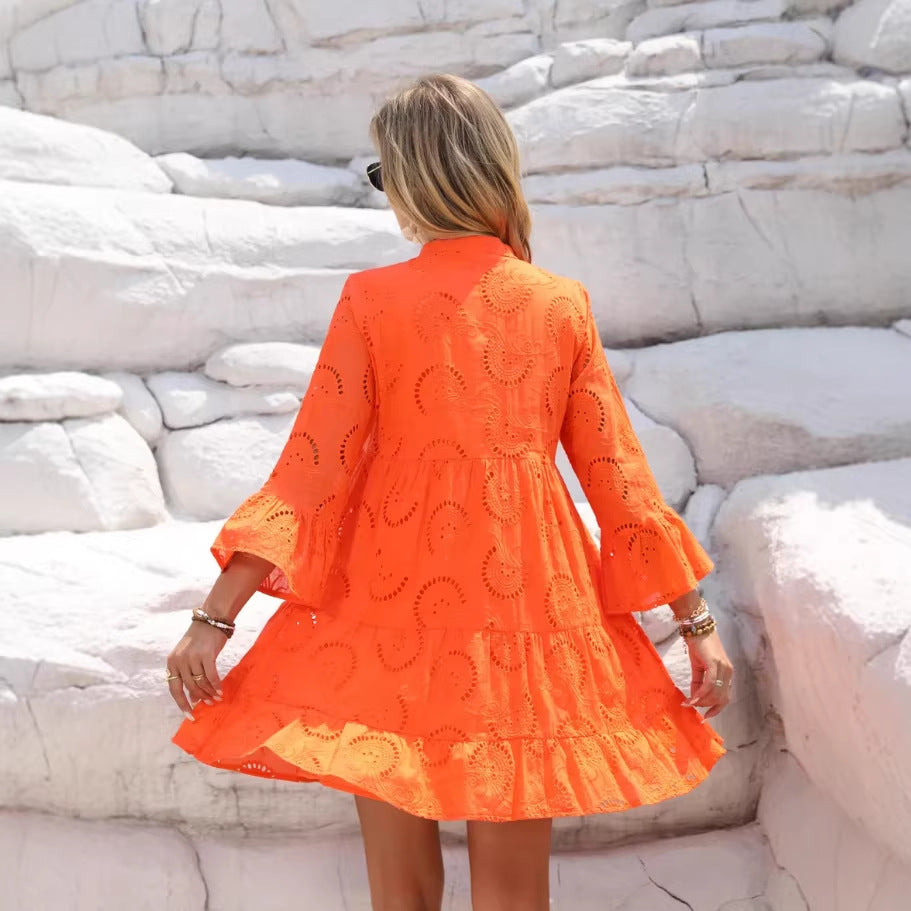 Women’s Hollow-Out Mini Dress – Asymmetrical Loose Casual Elegant Dress