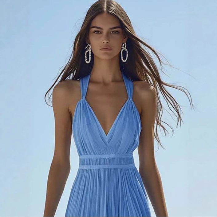 Light Blue Chiffon Maxi Dress for Women – Sleeveless Flowing Elegant Long Dress