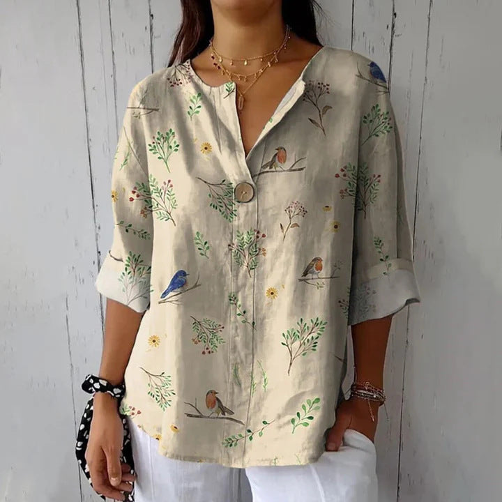 Women’s Geometric Print Long Sleeve Blouse – Button Detail Casual Top