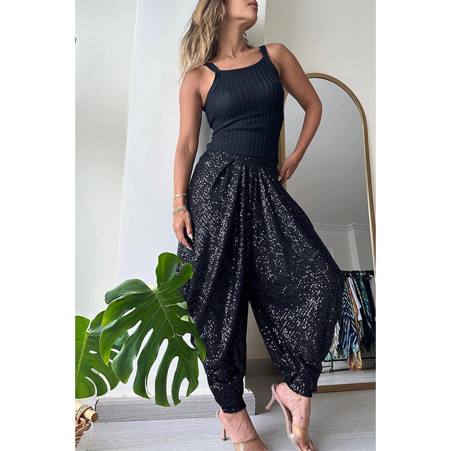 Women’s Sequin Loose Pants – Elastic Waist Fashion Trousers