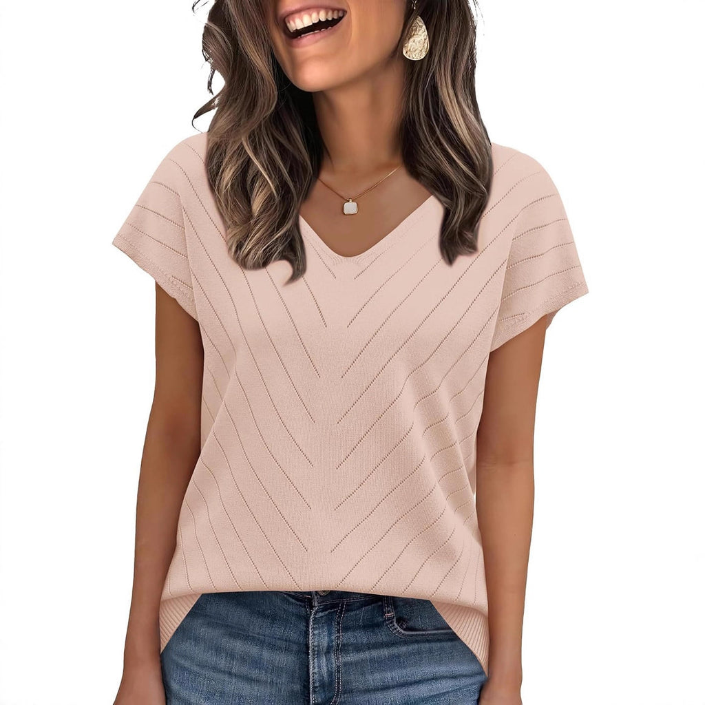 Women’s V-Neck Cutout Knit Sweater – Lightweight Elegant Pullover