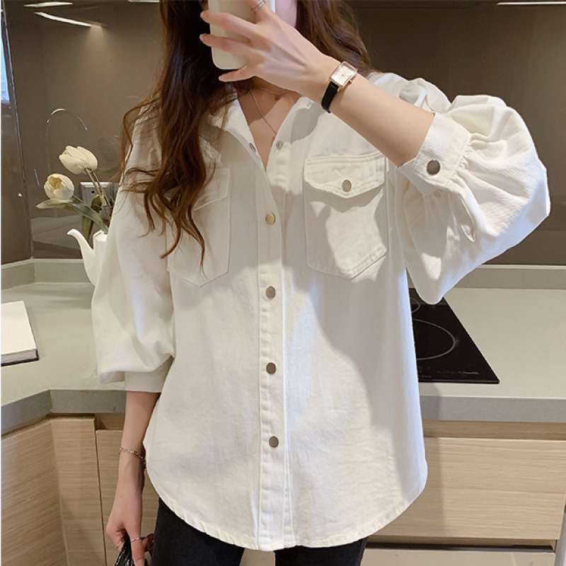 Women’s Korean Style Long Sleeve Blouse – Casual Polo Collar Pocket Shirt