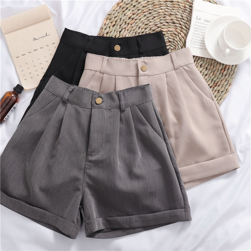 Women’s Solid Color High-Waist Wide-Leg Shorts – Casual Korean Style Roll-Up Design